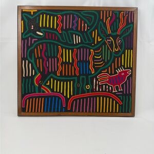 Mola Textile Animals Kuna Tribe Panama Folk Art Applique Handmade Framed